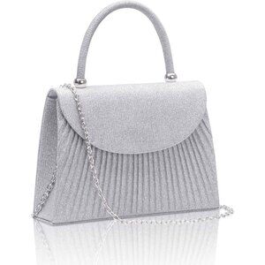 🆕Women’s Silver Glitter Top Handle Evening Handbag w/Chain Crossbody Purse